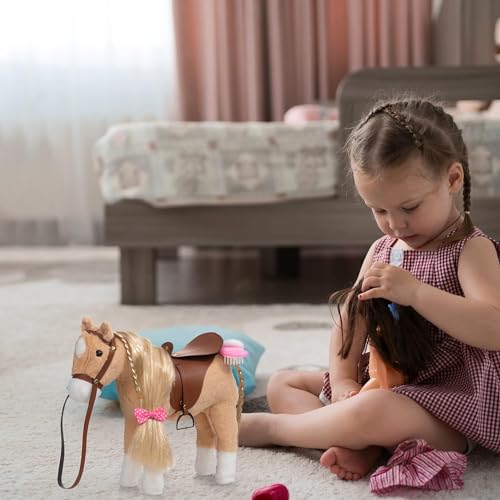 BEJOY Plush Horse Toy, Palomino Horses Pretty Plush Toy Pretend Play Horse Gift for Girls Kids 11 inches, Beige - Image 3