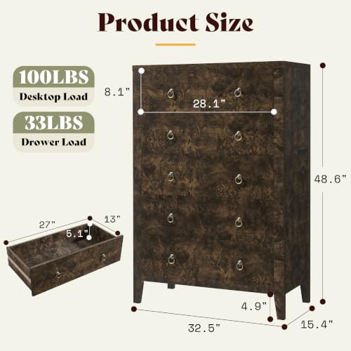 Image of AMERLIFE 49 inch Tall 5 Drawer Dresser with High Gloss Burl Wood Finish, Brown