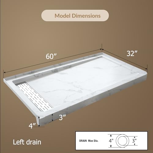 MORVANO 60 x 32 Shower Base with Single Threshold Rectangular Left Drain Location Shower Base,Shower Pan With Stainless Steel Cover,Marble White Acrylic Shower Base by MORVANO - Image 2