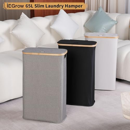 65L Slim Laundry Hamper, Narrow Laundry Basket with Lid,Foldable Clothes Hamper with Bamboo Handles,Hamper Basket with Removable Inner Bag for Laundry Room Bedroom College Dorm,17.17 Gals（Light Grey） by iEGrow - Used condition - Image 5