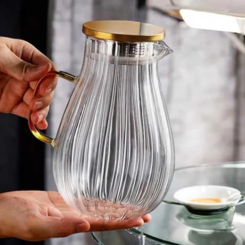 Image of Premium Ribbed Glass Water Jug with Golden Lid & Handle Heat Resistant Borosilicate Glass Pitcher for Water, Juice, Iced Tea, Cold Drinks Serving Carafe for Home, Office, Dining Table - 1.8L