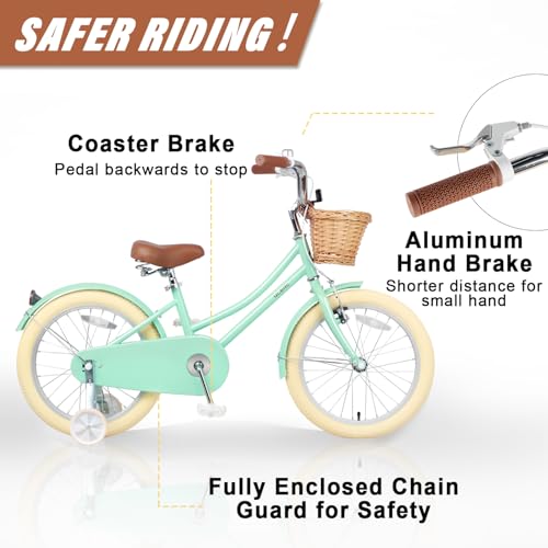 Image of Glerc Little Molly 12-20 Inch Kids Retro Cruiser Bike for 2-13 Year Old with Wicker Basket & Training Wheels /Kickstand, Multiple Colors