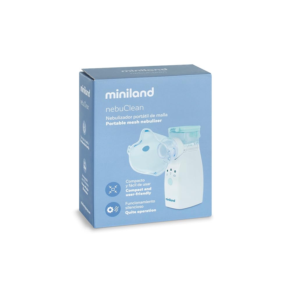 Miniland Nebulizador Bebe Portatil y Silencioso, Apto para Bebe, Niños y Adultos, Nebulizador Pediatrico Recargable, Tecnología Mesh, Incluye Mascarillas y Bolsa | Nebuclean