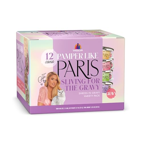 Weruva Paris Hilton Pamper Like Paris Natural Grain Free Wet Cat Food, Sliving for The Gravy Variety Pack, 2.47oz Can (Pack of 12)