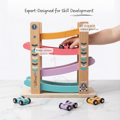 Image of Wooden Ramp Racer Car Toy for Kids (2-5 Years), 4-Level Zig Zag Racing Track with 4 Sliding Cars | Builds Motor Skills & Cause-Effect Learning | Educational Gift for Kids