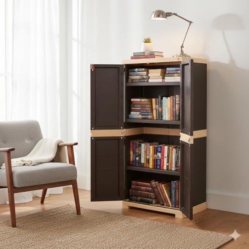 Image of Cello Novelty Big Bookshelf, Brown & Beige | 2 Dustproof Doors | Space Saving Cupboard | Plastic Book Shelf | Multipurpose Book Shelf for Home, Office | Book Organizer for Library