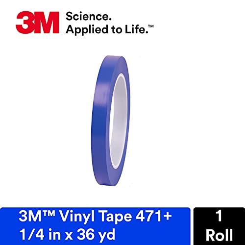 Image of 3M Vinyl Tape 471+, 1 /4 in x 36 yd, Indigo, 1 Roll, Fine Line Tape for Paint Masking Striping, Color Separation and Complex Designs, High-Temperature, Stretch