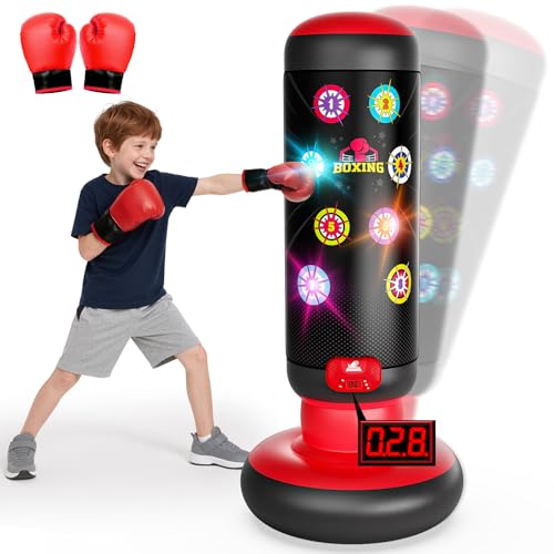 HopeRock Punching Bag for Kids, Boxing Set with Scoring, Light, Music, 4 Game Modes, Inflatable Boxing Bag with Gloves, Birthday Gifts Toys for 4-8-12 Years Old Boys