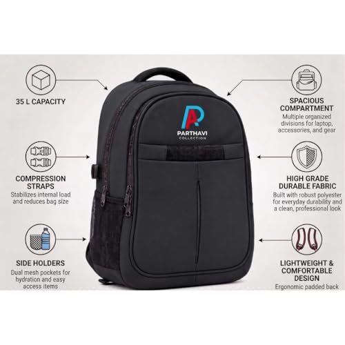 Image of Laptop Backpack for Men & Women | Durable Polyester Office, College & School Backpack | Lightweight Travel Bag with Spacious Compartments, Side Pockets & Compression Straps |