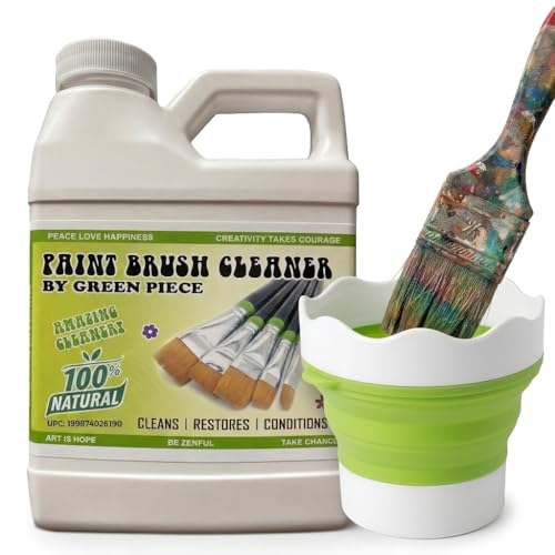 Image of Green Piece Paint Brush Cleaner & Restorer with Collapsible Silicone Cleaning Container - Natural Non-Toxic - Cleans Acrylic, Latex, Oil & Shellac Paint - Paint Brush Washer Cup - Made in USA - 18 Oz