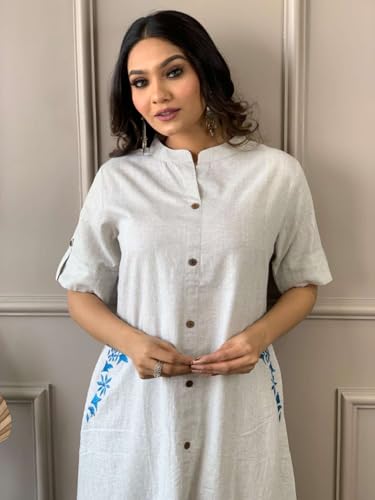 Image of Women's Cotton Embroiderd Long A-Line Kurti with Palazzo