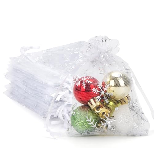 Yesaler Bolsa de Organza Copo de Nieve Bolsa de Organza de Navidad con Cordón para Decoración de Regalos Fiestas Bodas 100 Piezas (Blanco, 9x12 cm)