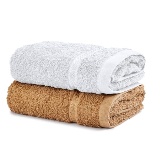 Image of Welspun Arlo Sports Hand Towel Set of 2 | 100% Cotton Gym & Fitness Essential | Soft, Absorbent & Quick Dry Sport Towel | Sweat Control for Workout, Yoga & Travel | 40 x 90 cm | Tan & White