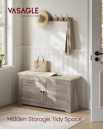 Image of VASAGLE Shoe Storage Bench with Cushion, 3-Tier Entryway Bench with Padded Seat, Doors, Adjustable Shelves, 14 x 39.8 x 20.7 Inches, Hallway, Bedroom, Heather Greige and Cappuccino Beige ULSB044L01