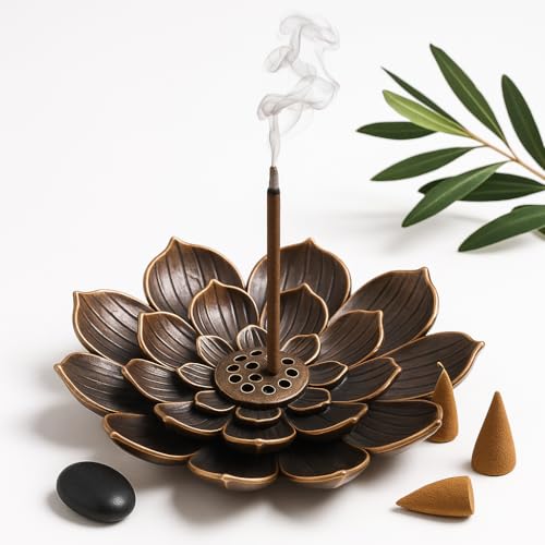 Lotus Flower Incense Holder Metal Burner for Stick, Cone and Coil Incense, Zinc Alloy Lotus Flower Design with Bronze Finish, Detachable Ash Catcher, Ideal for Home, Office, Yoga and Meditation Spaces