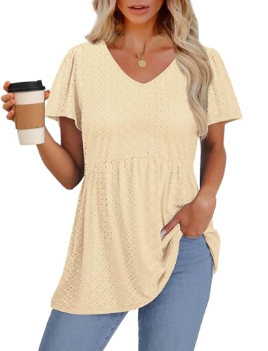 Image of OFEEFAN Womens Summer Tops Babydoll Short Sleeve Shirts Puff Sleeve Peplum Tops V Neck T Shirts