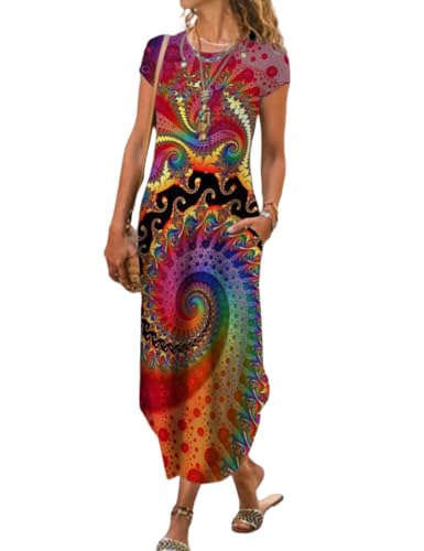 Image of Women Summer Casual Maxi Dress Floral Printed Loose Pockets Short Sleeve Split Boho Dresses