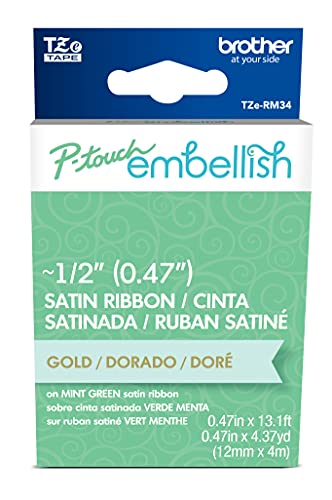 Image of Brother P-Touch Embellish Gold Print on Mint Green Satin Ribbon TZERM34 - ~ inch Wide x ~13.1' Long for use with P-Touch Embellish Ribbon & Tape Printer
