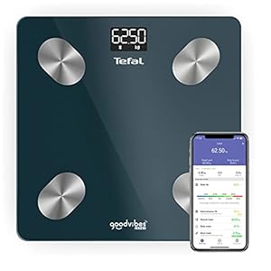 Tefal Smart weegschaal, 10 lichaamsindicatoren, aangesloten app, eenvoudige bediening, onbeperkt aantal gebruikers, capaciteit 180 kg, schaal 100 g, Goodvibes Life+ BM9620S1