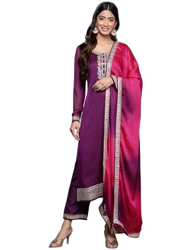 Image of Libas Womens Printed Chiffon Straight Kurta With Trousers and Dupatta | daily wear suit