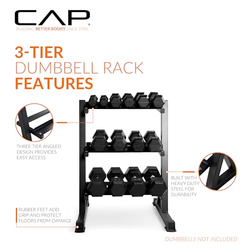 Image of CAP 280 LB, 550 LB, 1200 LB Dumbbell Set with Horizontal 2-3 Tier Rack, Rubber Hex Free Weights, Home Gym Weight Set for Strength Training