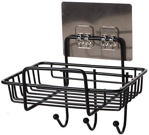 Image of Wall Mounted Soap Dish with Hooks, Self Adhesive Soap Holder for Bathroom & Kitchen, Rustproof Metal Soap Rack with Drain Design, No Drill Soap Tray Organizer for Shower, Black