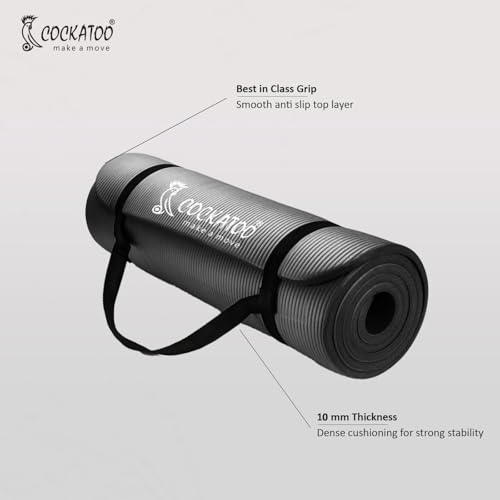 Image of Cockatoo 15mm Thick NBR Yoga Mat For Home and Gym Workout| Anti Slip Yoga Mat For Men & Women| Yoga Mat with Carrying Strap, Black