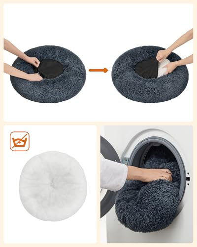 Feandrea Hundebett flauschig, Katzenbett, Donut Kissen, waschbar, Polsterung in der Mitte herausnehmbar, Langer Plüsch, 60 cm Durchmesser, dunkelgrau PGW038G02