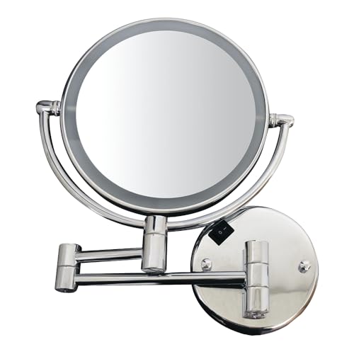 Whitehaus Wall-Mounted LED Magnifying Mirror – 8” Dual-Sided Mirror with 7X Zoom, Extendable Arm, Touch-Activated Light, Polished Chrome
