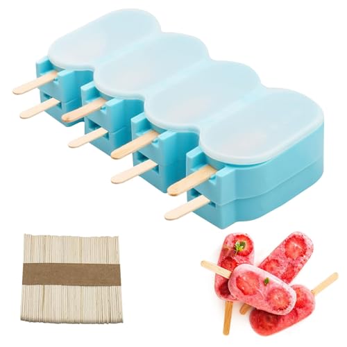 KASTWAVE Popsicle Silicone Molds with Cover Reusable Homemade Ice Cream Silicone Molds Set 8 cavity Oval Cake Pop Mold with 50 Wooden Sticks for Treats Blue