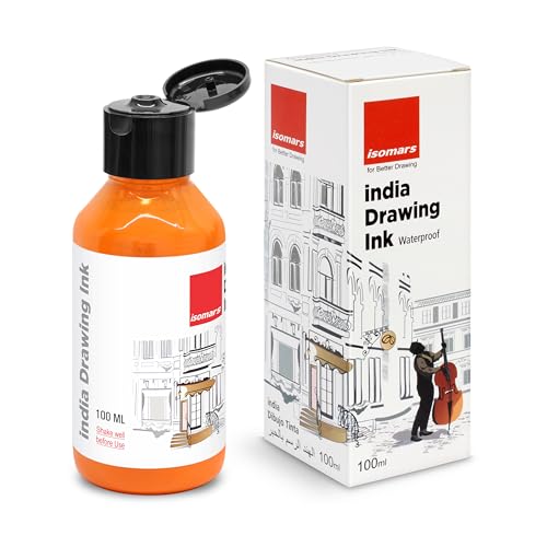 Image of Isomars India Waterproof Drawing Ink - Orange- 100ML Bottled Ink, for Paper Board, Canvas,Fabric and Wood Ideal for Designers, Airbrush Artists, Illustrators, Fine Artists and Craft and Hobbyists.