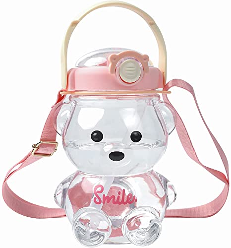 Image of 1 Liter Capacity Cartoon Teddy Bear Water Bottle Sipper Water Bottle Portable Mouth With Straw, Sticker, Strap Smile Teddy Bottle - Color (Pink)