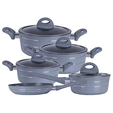 Royalford 5Pc Forged Aluminium Cookware Set | Induction Safe Pots & Pans Set with Non-Stick Granite Coating | Stock Pots with Tempered Glass Lid & Cool Touch Handle | Frying pan, Saucepan, Casserole Cover