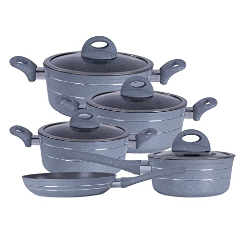 Royalford 5Pc Forged Aluminium Cookware Set | Induction Safe Pots & Pans Set with Non-Stick Granite Coating | Stock Pots with Tempered Glass Lid & Cool Touch Handle | Frying pan, Saucepan, Casserole
