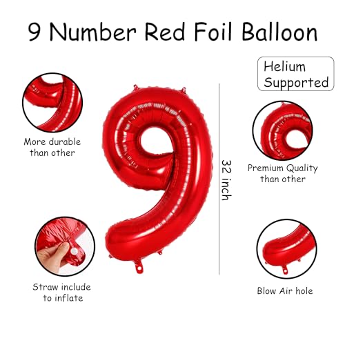 Image of Red 9 Number Foil Balloon with Crown & Base Balloons | 32 Inch Helium Supported for Birthday, Anniversary, Baby Shower Decoration - Pack of 14