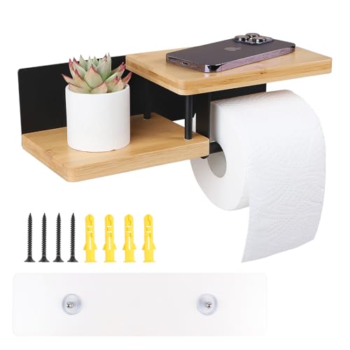 EFUTURETIME Porte Papier Toilette Mural en Bambou avec Étagères sans Perçage 31.5×12.5×8.5 cm Dérouleur Papier Toilette Adhesif ou à Percer pour Salles de Bains Cuisines Toilettes, Noir