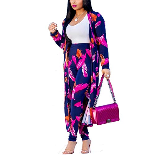 Women Fashion Print Long Sleeve Cardigan and High Waisted Long Pants 2 Piece Outfits Set