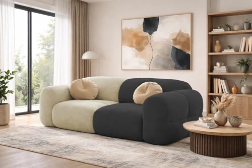 Image of Casaliving Vetras Modern Velvet Bubble Cloud Sofa, Tufted Design Upholstered 2 Seater Sofa Set for Living Room, (Cream Black Colour) Premium Velvet Fabric Sofa
