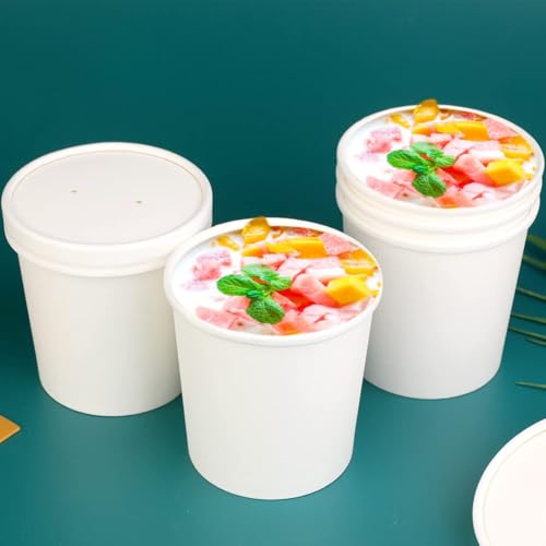Image of 16 oz 25 Pcs Paper Soup Cups with Lids, White Ice Cream Containers