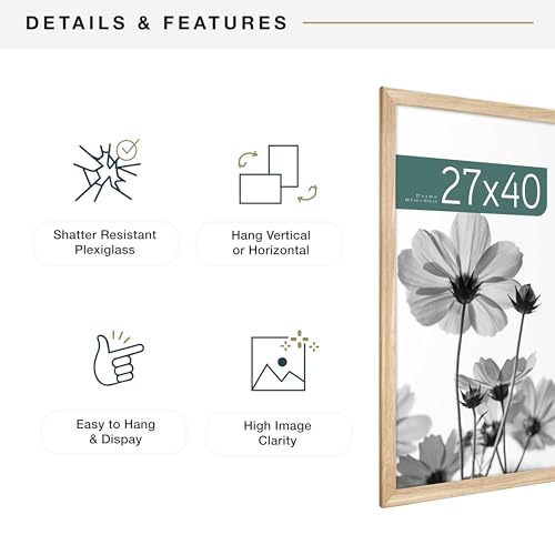 MCS Studio Gallery Classic Movie Poster Frame 27x40 Natural Woodgrain, Vertical & Horizontal Wall Hanging Large Picture Frame for Photos, Artwork & Custom Posters (1-Pack)