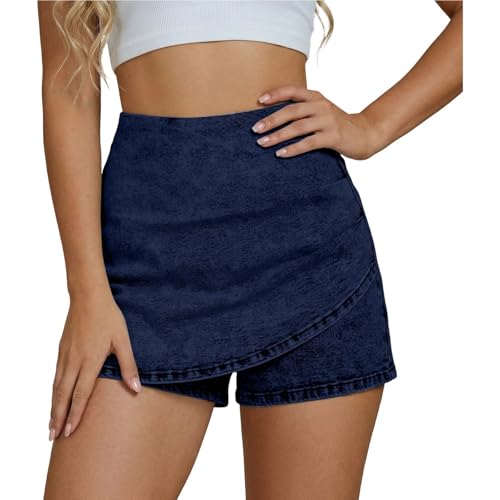 Falda vaquera para mujer, de cintura alta, minifalda vaquera, Y2K, falda vaquera asimétrica, falda con pantalones cortos, pantalones cortos, estilo culotte, minifalda elegante, falda vaquera, azul, M