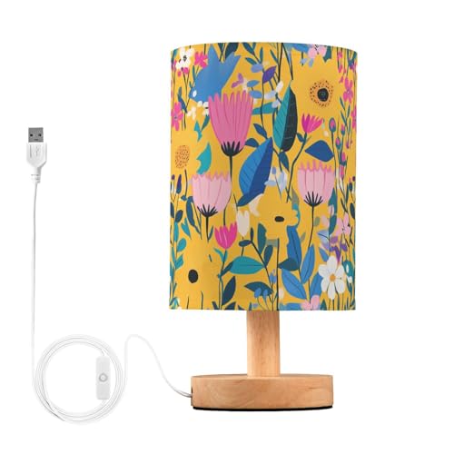 Lámpara de mesa amarilla floral de arte moderno para mesita de noche para dormitorio universitario, lámparas para espacios pequeños con USB para leer