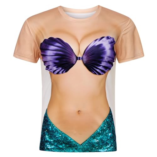 Womens Bikini Mermaid Shirts Funny Women 3D Fake Abs Body Sparkly Shirt with Skin Abs Shirts for Womens Fun Festival Shirts