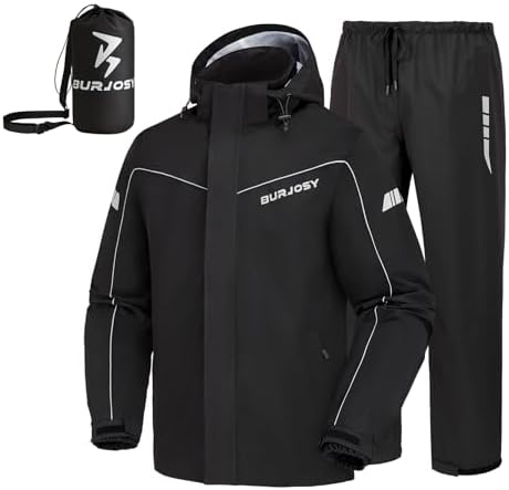 Regenanzug Herren wasserdicht 2-teilig reflektierend und packbar | TPU-Laminat, Winddicht, Packtasche, Wasserdichter Reißverschluss, abnehmbare Kapuze, für Arbeit, Outdoor, Golf, R