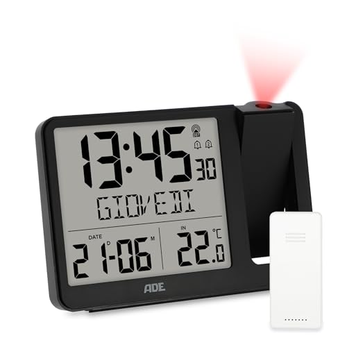 ADE Sveglia digitale radiocontrollata con proiezione e sensore esterno | orologio con visualizzazione della temperatura, data e giorno della settimana in italiano | incl. cavo di rete | nero