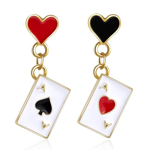 Image of Queens of Heart Earrins for Women Red Heart Queen Poker Earrings Gold Asymmetric Rabbit Long Clock Poker Dangle Earrings Queen Hearts Costume Accessories (Poker)
