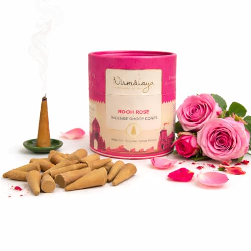 Image of Nirmalaya Premium Rooh Rose Dhoop Cones | 60 Bambooless Incense Cones with Stand | Made from Sacred Flowers | Charcoal Free Cones | 25 Min Burn Time for Pooja & Meditation
