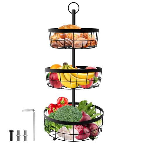 Yiomxhi Cesta de Frutas de 3 Niveles, Canasta de Frutas Metal para Encimera de Cocina, Fruteros Estante de Almacenamiento Moderno para Pan Verduras Bocadillos, Negro
