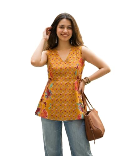 Image of Women's Red Floral Printed Sleeveless V-Neck Peplum Top, Casual Wear