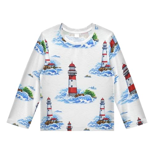 DOMIKING Watercolor Lighthouse Wave Boys Long Sleeve Rashguard Shirt Kids Quick Dry Swim Shirt for Swimming Pool Beach 11-12T